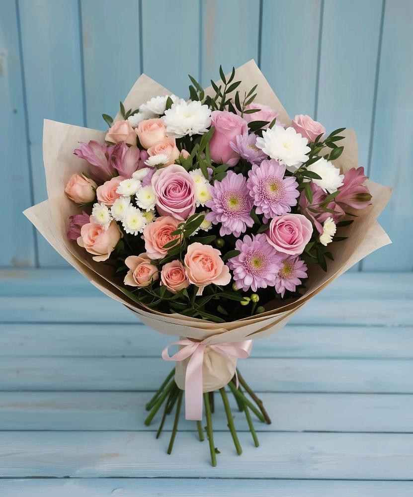 Букет цветов из: Хризантемы, Розы и Альстромерии в Альметьевске