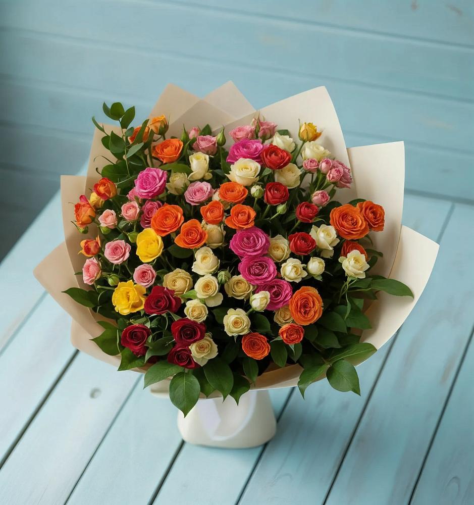 Букет Микс из разноцветных кустовых роз в Альметьевске